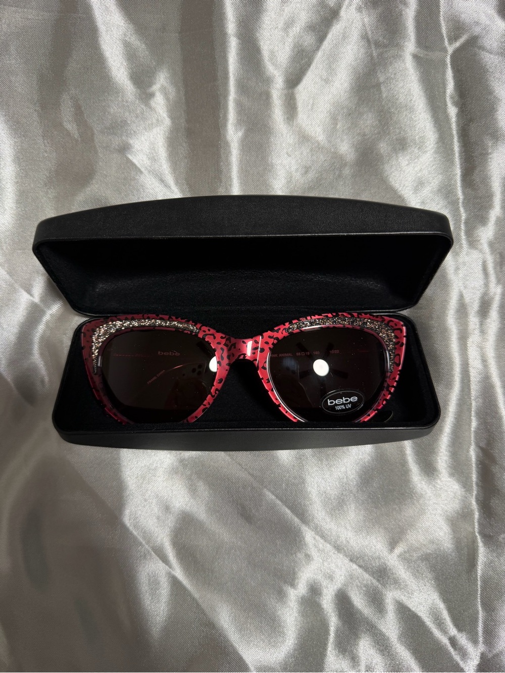 Bebe Womens Rhinestone Cat Eye Sunglasses Pink Leopard Animal Print Y2K And Case
